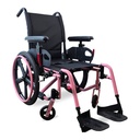 Pink folding Galaxy Lite wheelchair with flip-up footplates and swing-away front rigging, three-quarter view