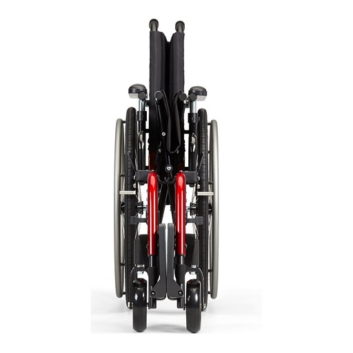 Catalyst 4 folding wheelchair folded up and seen from behind, showing how narrow it packs