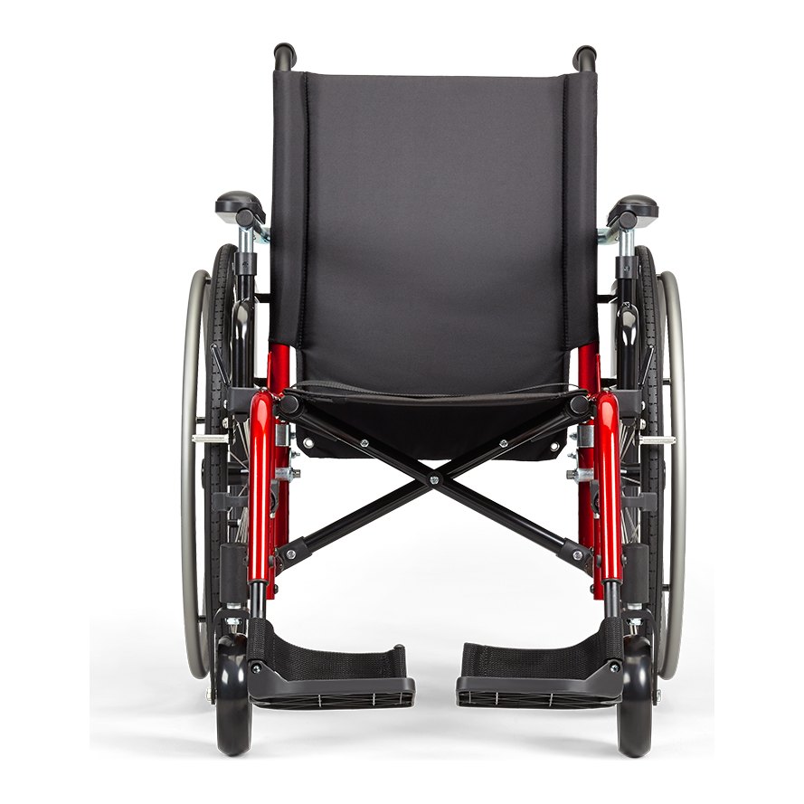 Catalyst 4 folding wheelchair seen from the front, showing its seat width, footplates and casters