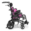 Little Wave Flip paediatric tilt wheelchair from the side, showing its tilted seating, mag wheel and caster
