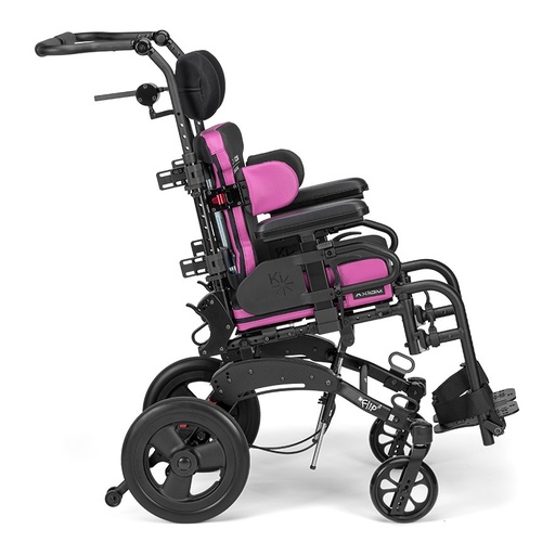 Little Wave Flip paediatric tilt wheelchair from the side, showing its tilted seating, mag wheel and caster