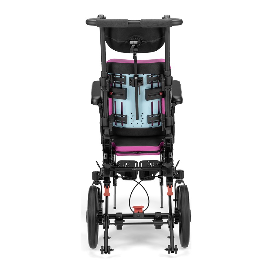 Little Wave Flip paediatric tilt wheelchair from behind, showing its folding back post and rear wheels