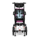 Little Wave Flip paediatric tilt wheelchair from behind, showing its folding back post and rear wheels