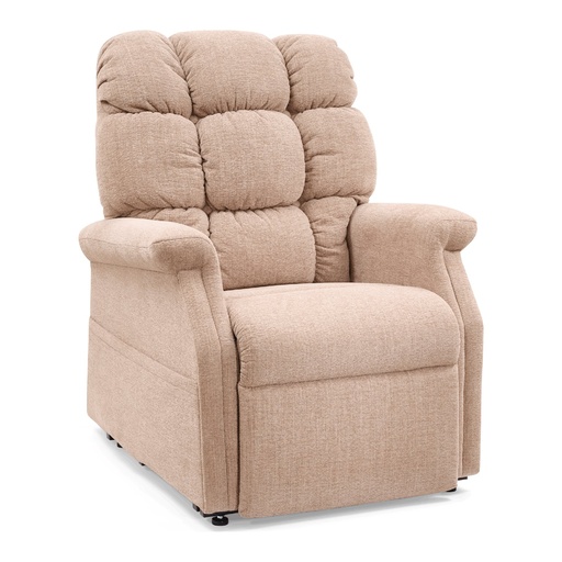Beige Aurora PL480 from the front, footrest down, biscuit back and wide arms