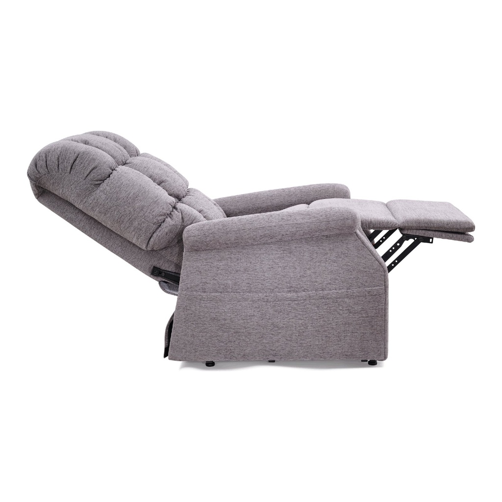 Grey Aurora PL480 reclined, footrest out, lift mechanism visible under the seat