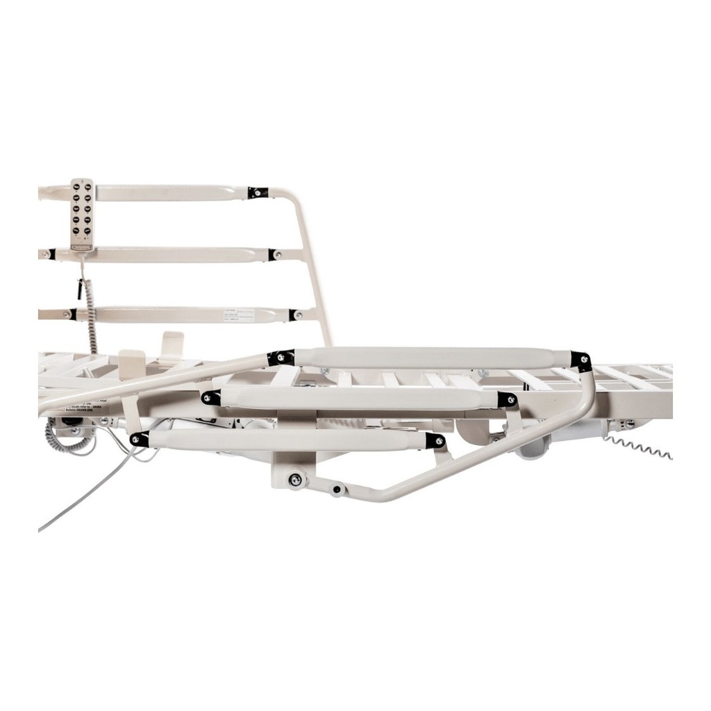 Underside of a Harmony 8199 homecare bed showing the frame and casters