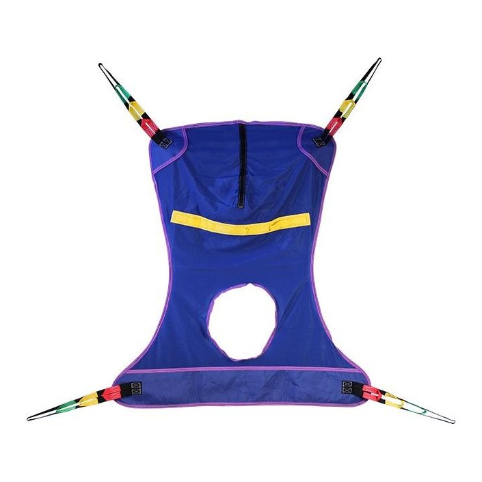 Blue mesh sling with a round commode opening, purple binding and a yellow strap