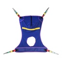 Blue mesh sling with a round commode opening, purple binding and a yellow strap