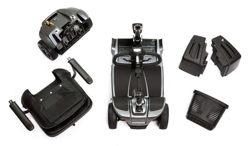 Revo 2.0 taken apart without tools: seat, front and rear frame sections, two battery boxes and the basket