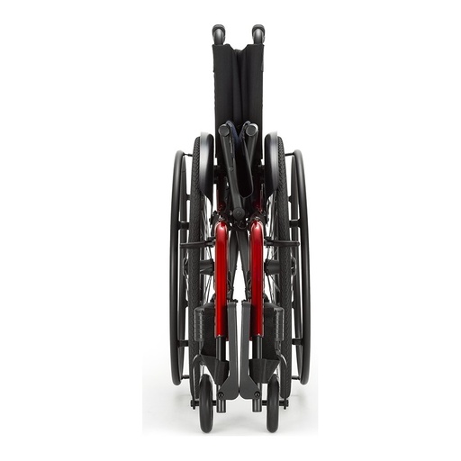 Catalyst 5Vx folding wheelchair folded and seen from the front, showing how narrow it packs