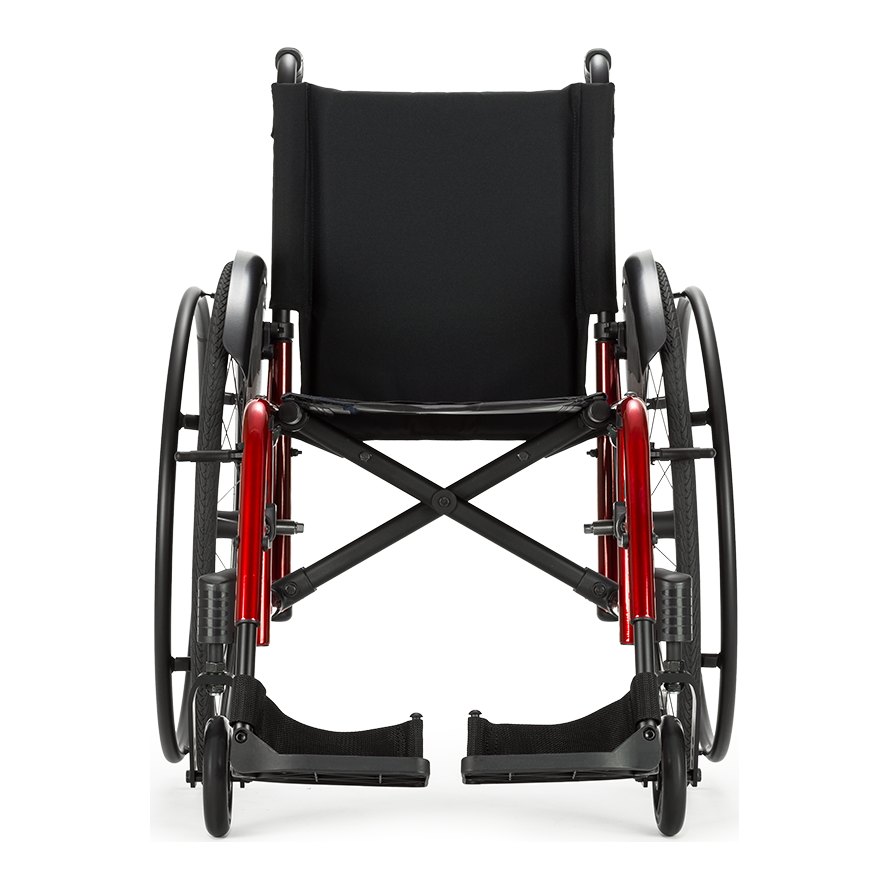 Catalyst 5Vx folding wheelchair from the front, showing its cross brace, backrest and footplates