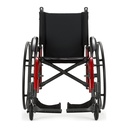 Catalyst 5Vx folding wheelchair from the front, showing its cross brace, backrest and footplates