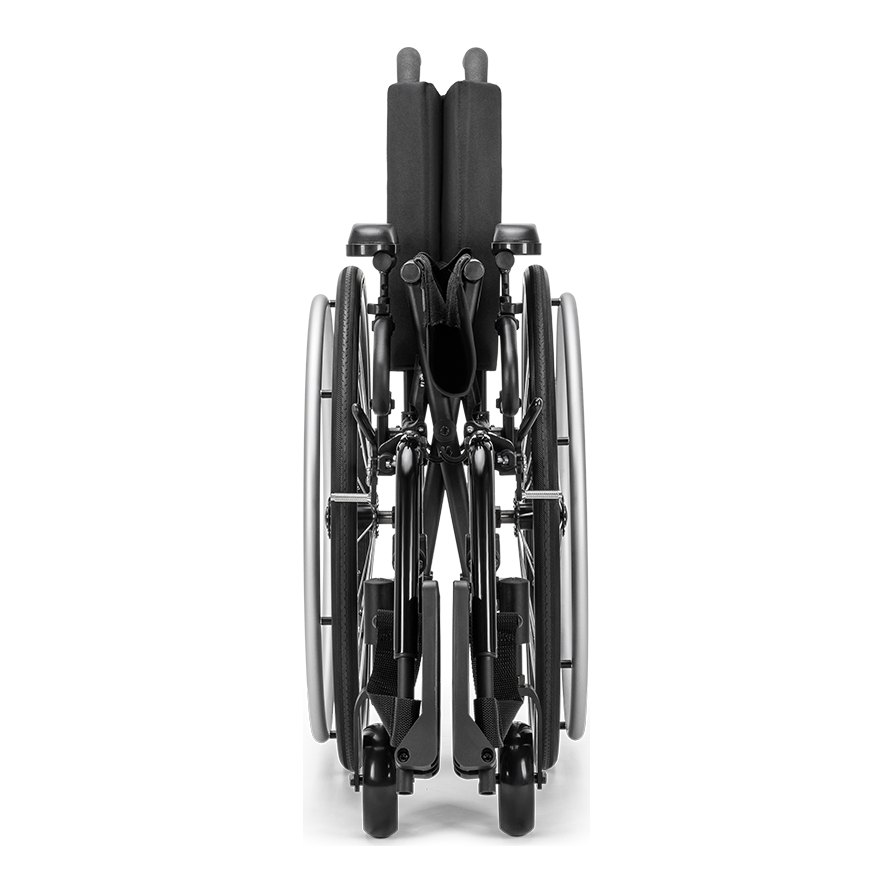 Catalyst 4E wheelchair folded and seen from behind, showing how narrow it packs in a car
