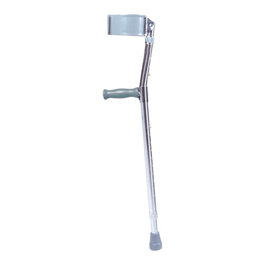 One steel forearm crutch in side view, cuff open at the top