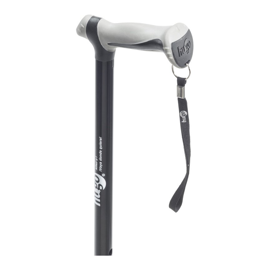 Grey derby grip and black wrist strap on the Airgo cane