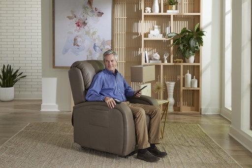 PR761-MLA in Shiitake, seated upright, track arm and stitched back