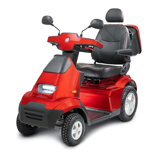 Red Afiscooter S4 four-wheel scooter seen from the front left, with its seat and tiller