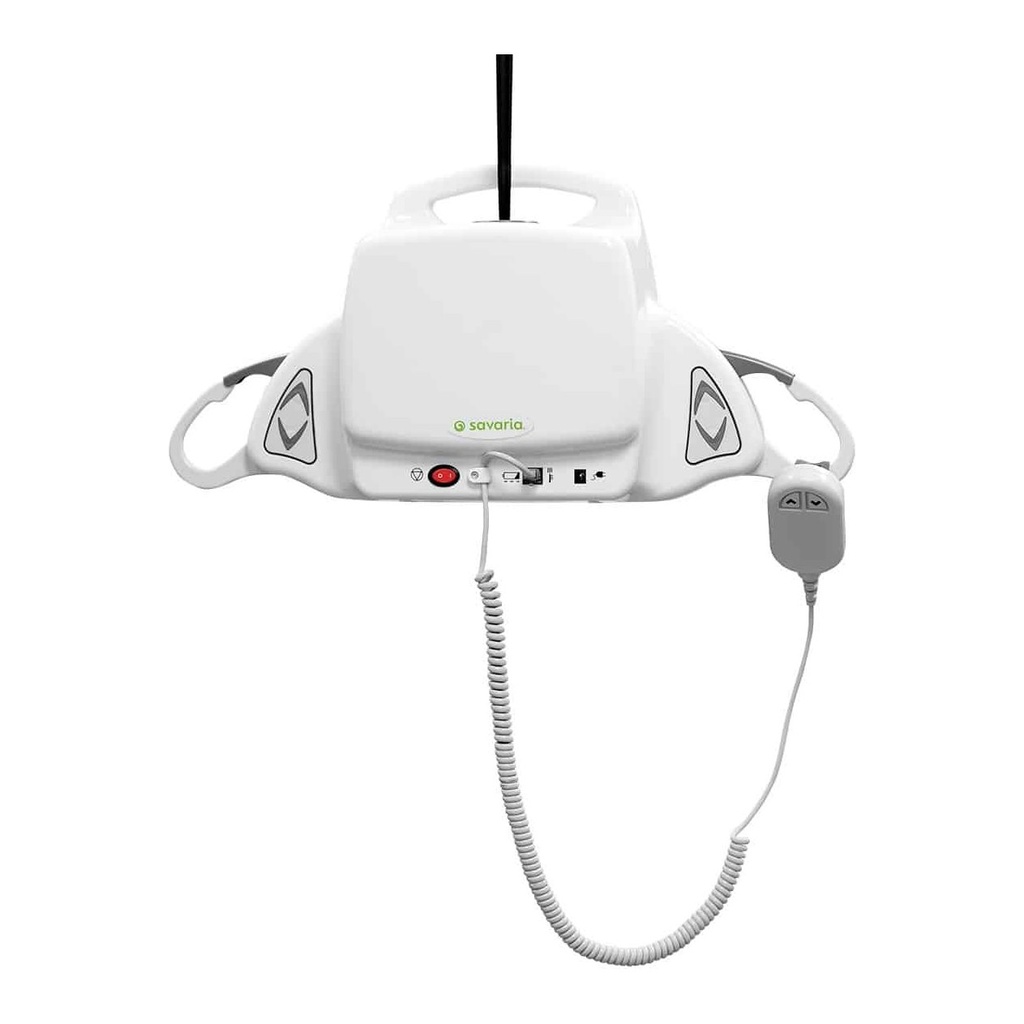 M-Series Portable lift on white, with its hand control and a SureClip hook at each end