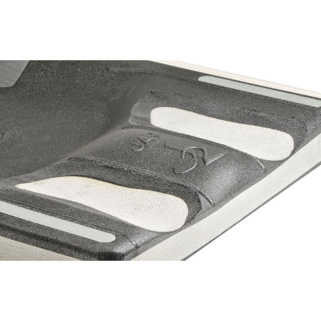 Close-up of the J2 contoured foam base with the embossed J2 logo and white hook and loop strips