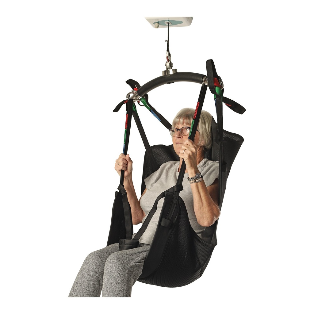 HighStar deluxe recline sling with head support, three-quarter view, person seated and lifted
