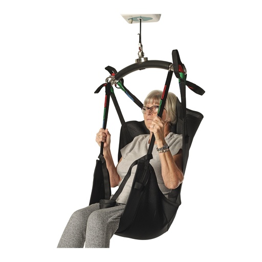 HighStar deluxe recline sling with head support, three-quarter view, person seated and lifted