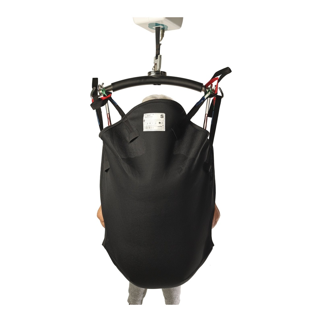Rear view of the deluxe recline sling showing the size label and head support panel
