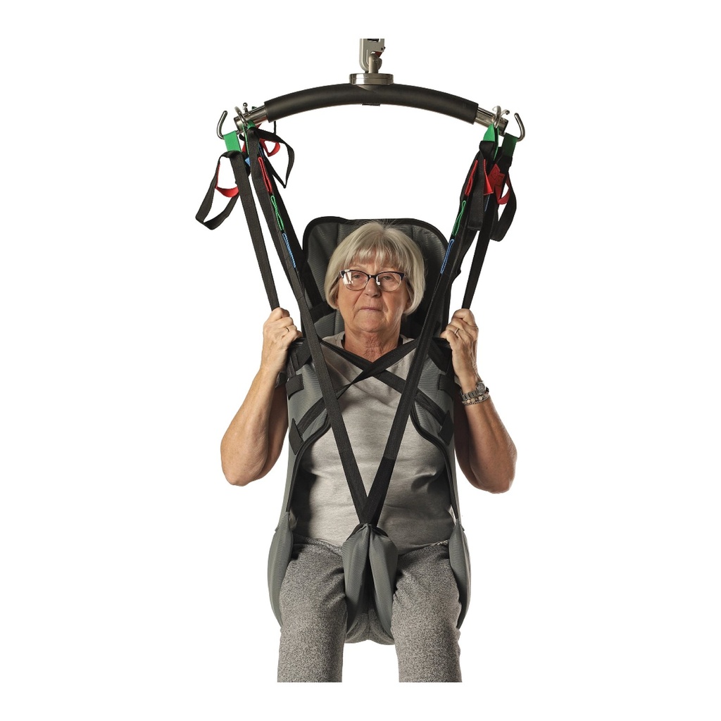 Front view of the HighStar hygiene sling with head support and an open seat
