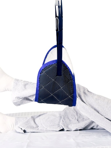 Quilted band sling lifting a lower leg, with blue trim and a white backing