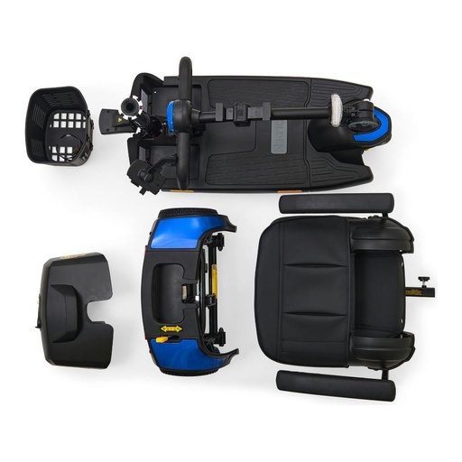 Blue Buzzaround XLS HD travel scooter with its front half, rear half, seat and basket separated