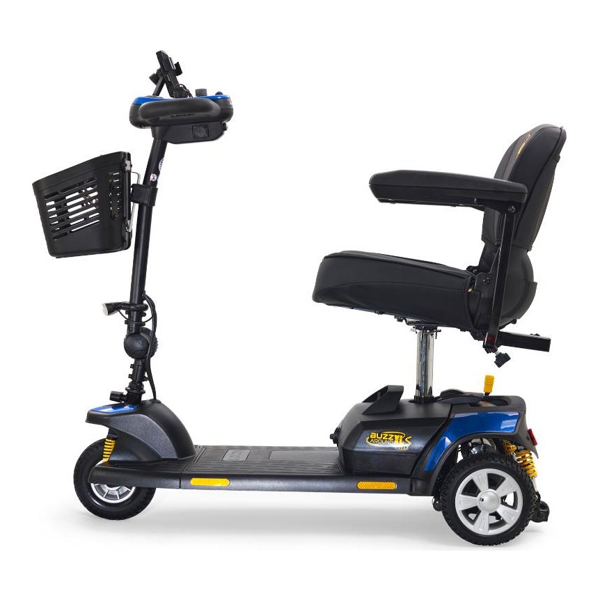 Buzzaround XLS HD 3-wheel in blue, left profile with the seat and basket