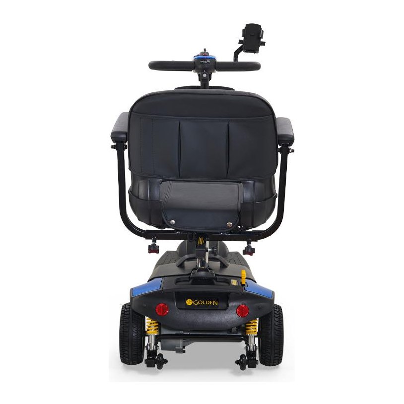 Buzzaround XLS HD 3-wheel in blue from the rear, showing the seat back and two rear wheels