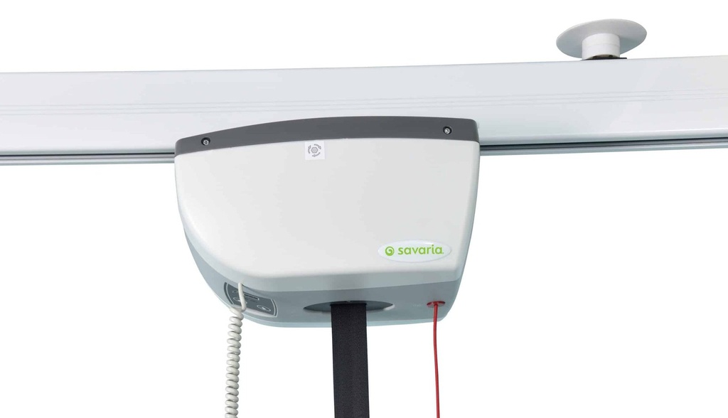 Close view of the FL fixed ceiling lift motor on a straight track, with its cables and red emergency cord