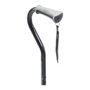 Offset handle and reflective wrist strap on the black Airgo Comfort-Plus MiniQuad cane