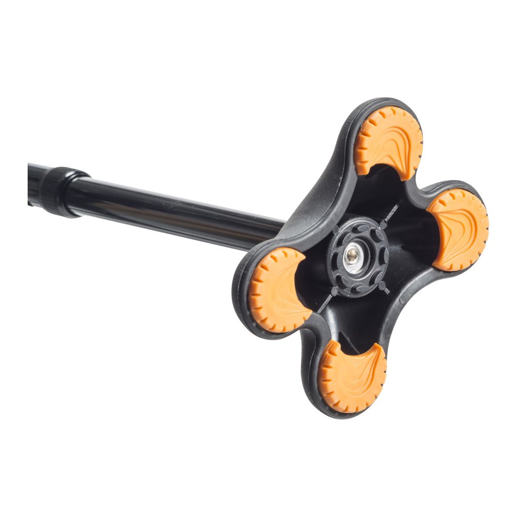 Underside of the MiniQuad base with four orange grip pads on the black Airgo cane