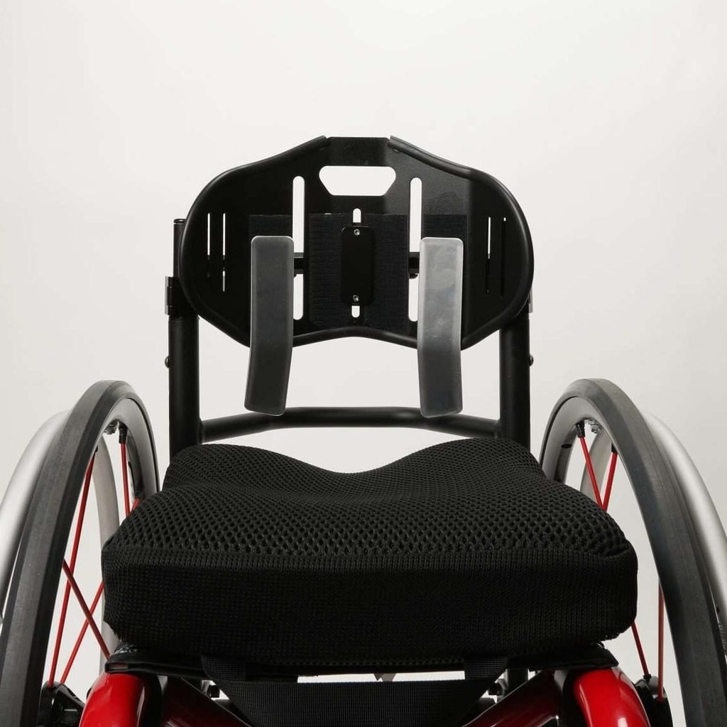 Ride Designs Java Decaf back mounted on a red wheelchair, showing the Flexa-just stays