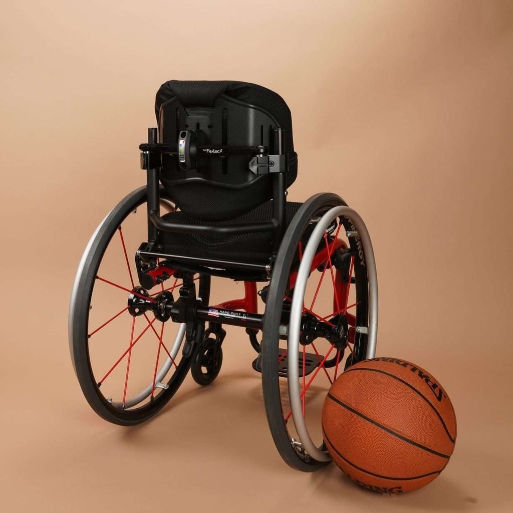 Ride Designs Java Decaf back on a pediatric wheelchair beside a basketball