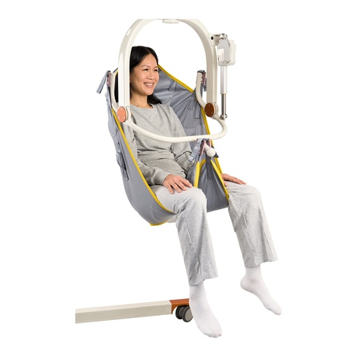 High Easy clip sling holding a seated person on a floor lift