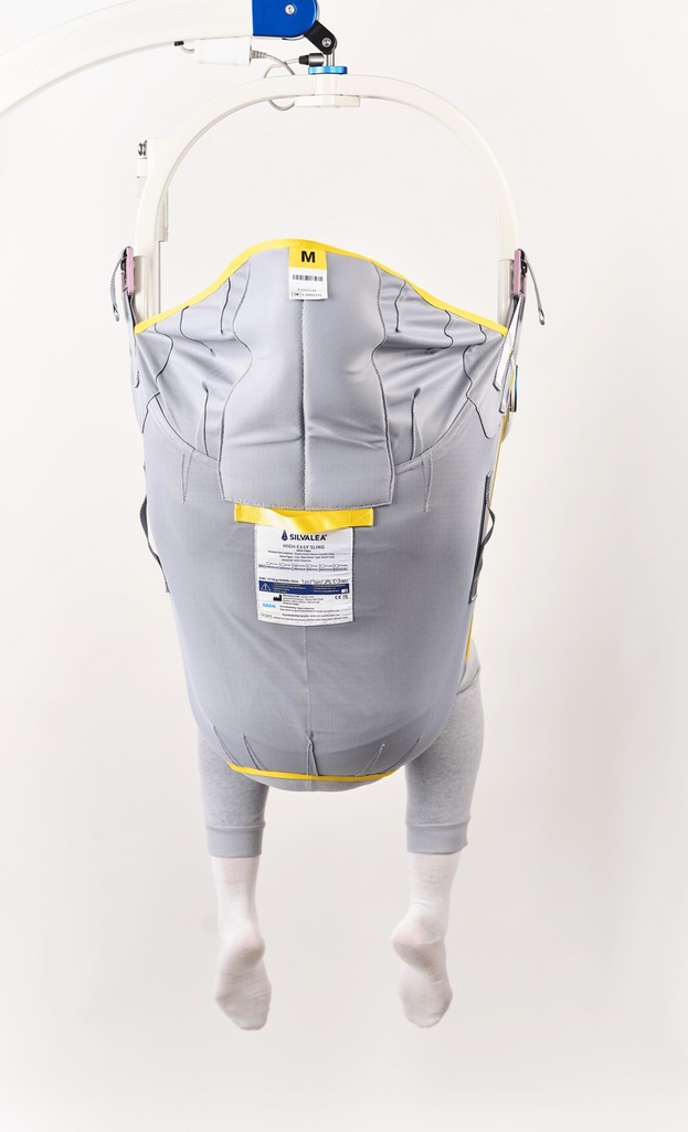 Back of the High Easy polyester sling, size M, with its label and yellow trim