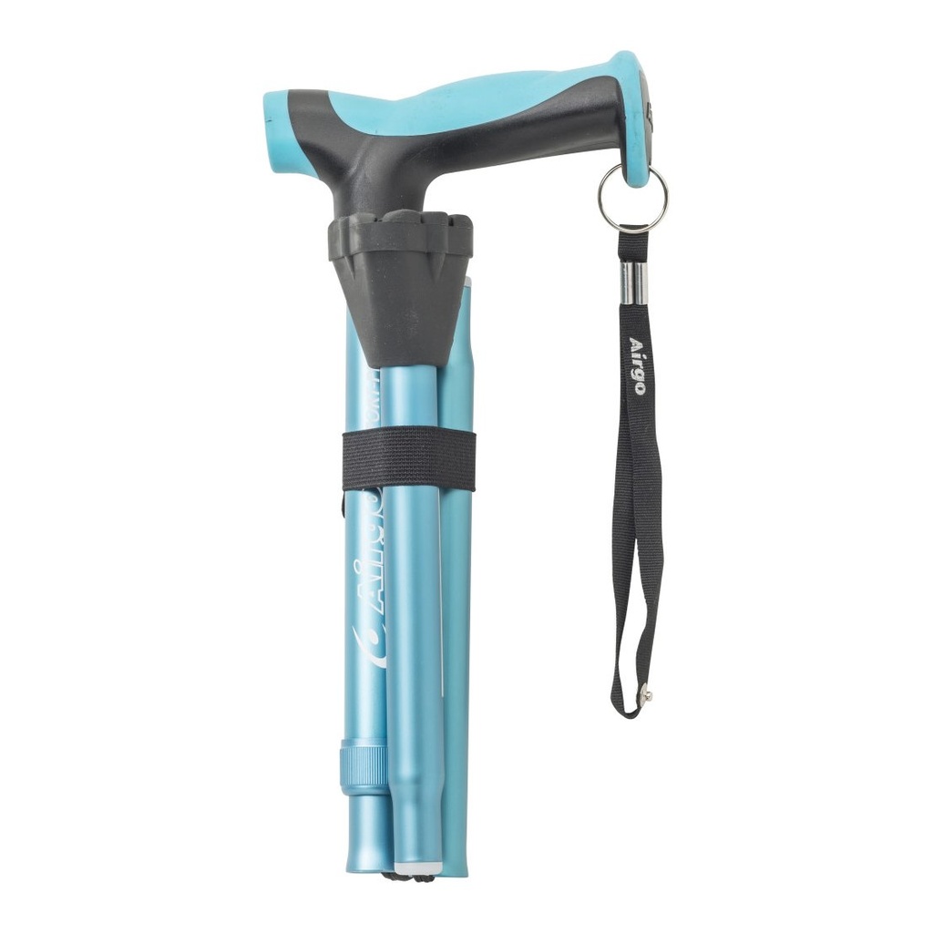Blue Airgo cane 730-490 folded, with the black strap around the sections and the wrist strap