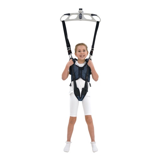 Child standing in the blue mesh Rachel harness, tapes clipped to a spreader bar