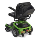 Golden travel case unzipped on a scooter seat back, black mesh partition open