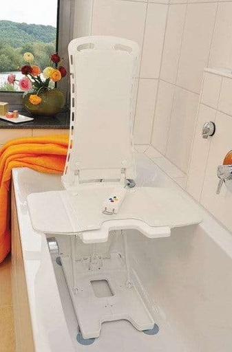 White Bellavita lowered in a bathtub, side flaps out, suction cups on the floor