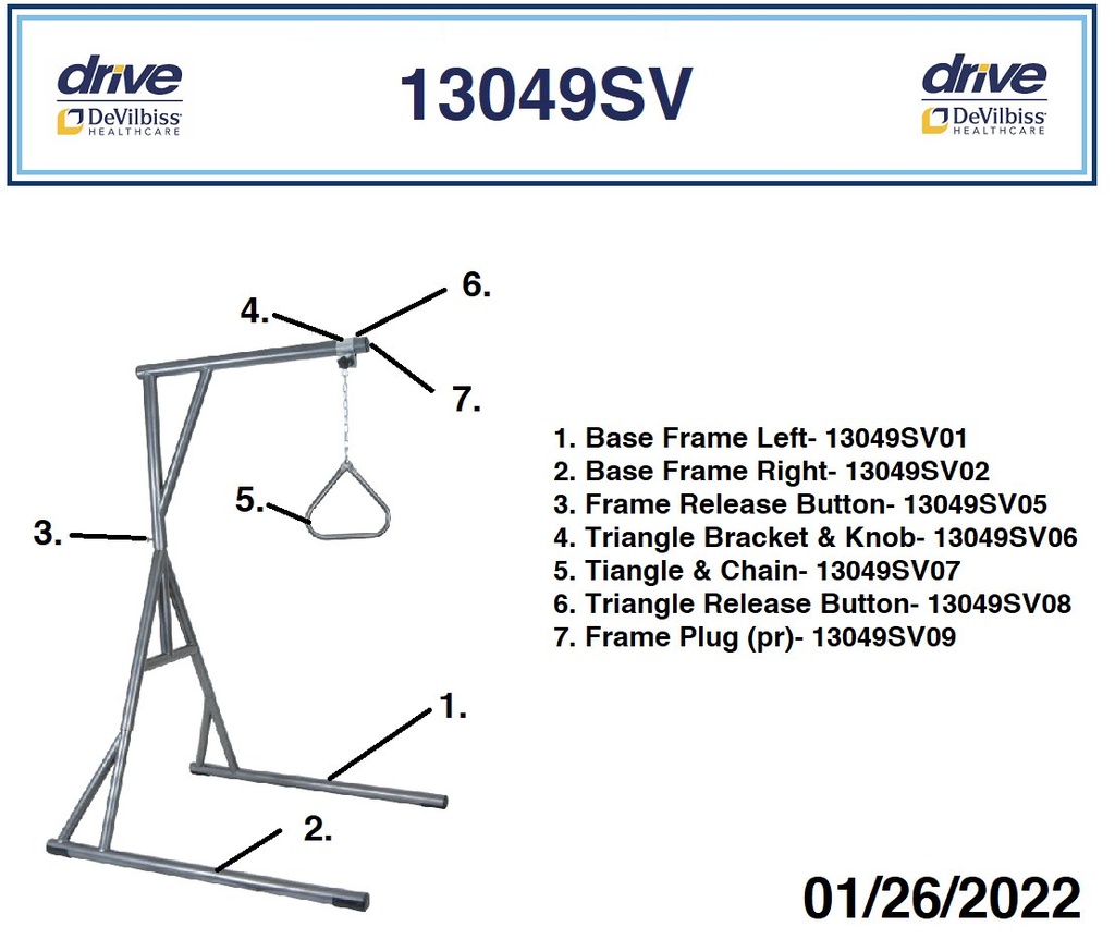 Parts diagram of the Drive 13049SV trapeze showing the base frames, chain and triangle