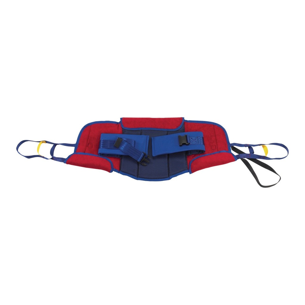 Drive 13263E Medium sit-to-stand sling, red padded body with a blue buckle belt and side loops