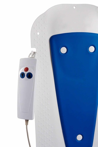 White hand control with a red button and two blue arrow buttons beside the blue back pad