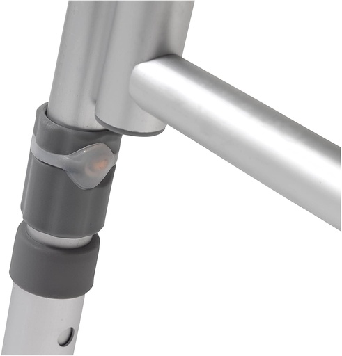 Push-pin collar on a transfer bench leg, with the adjustment holes below