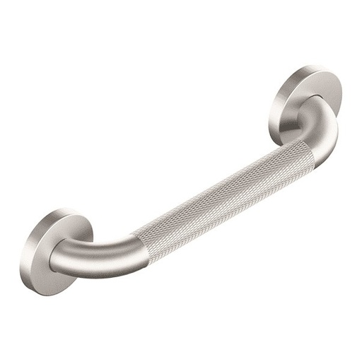 12 in knurled stainless grab bar with round flanges, on white