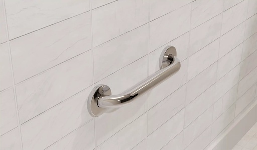 Polished chrome bar fixed horizontally on a white tiled wall
