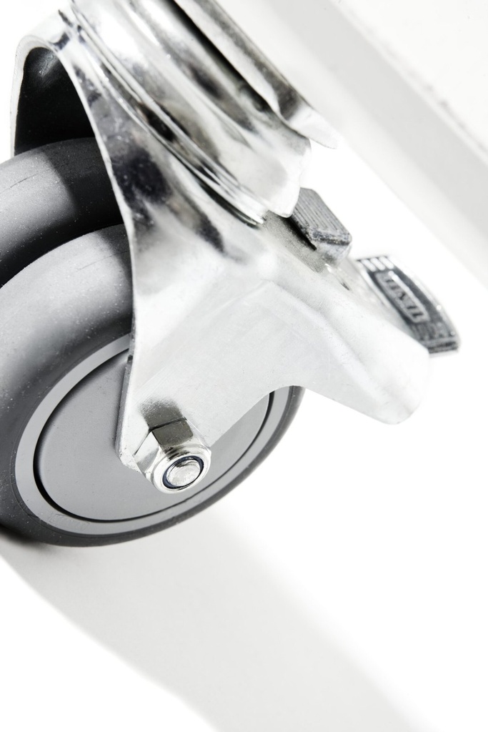 Optional four-caster kit on a white foot, with a brake on the wheel