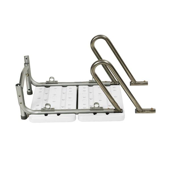 Underside of the white seat boards with the metal frame and a loose arm
